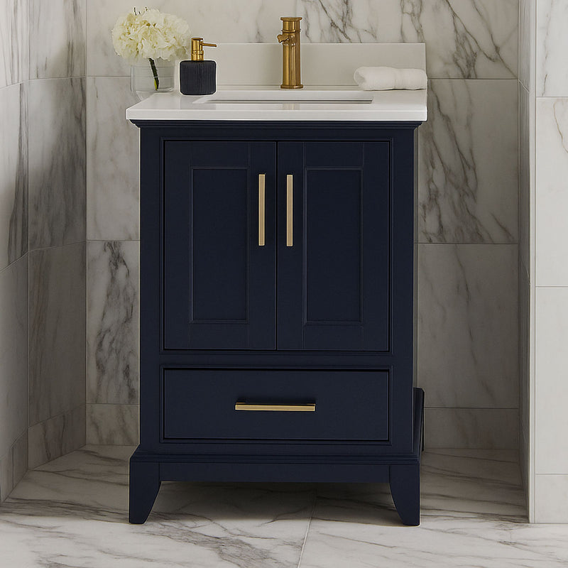 Bathroom vanity with marble countertop and tiles