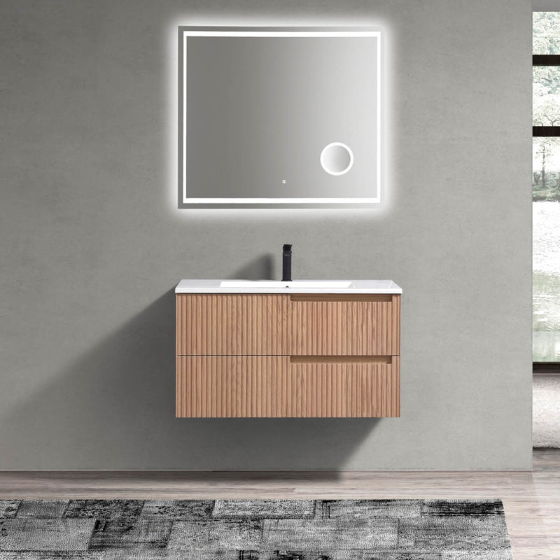 36"Benson Wall Mounted Bathroom Vanity in American Oak, Side Picture, Lifestyle