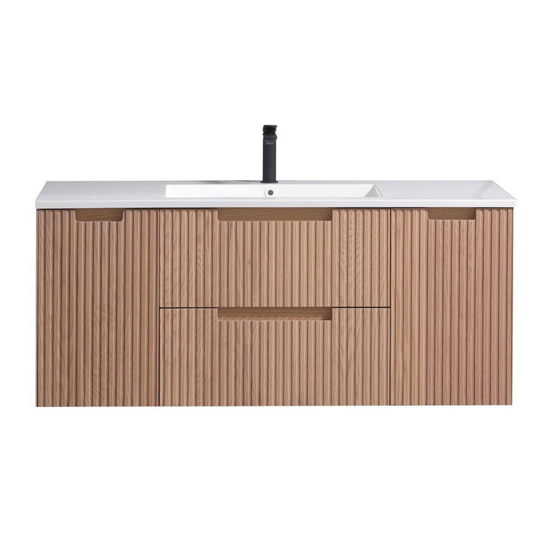 48" Fluted wall mounted bathroom vanity in american oak