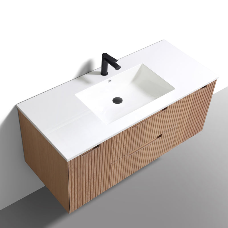 48" Fluted wall mounted bathroom vanity in american oak