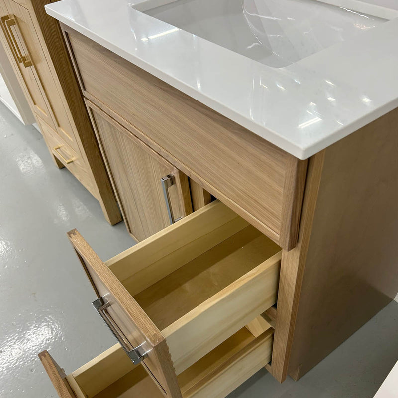 Faro 30" freestanding bathroom vanity in natural oak, drawers open