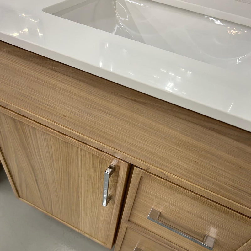 Faro 30" freestanding bathroom vanity in natural oak, close up