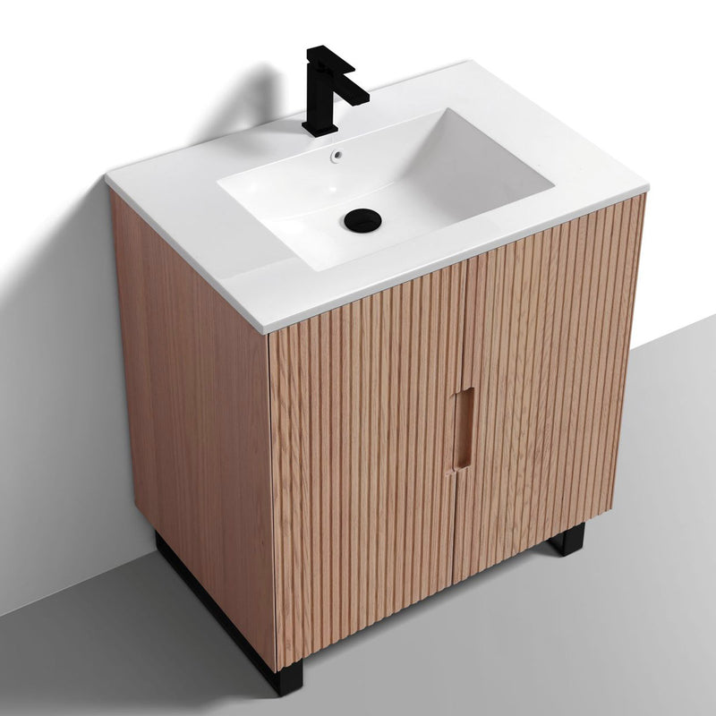 32" Bathroom vanity with wooden cabinet and white countertop on a gray background