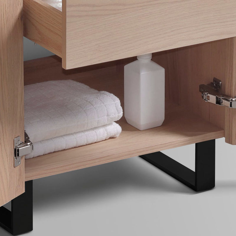 Madison 32" Wooden cabinet with open door revealing towels and a bottle inside.