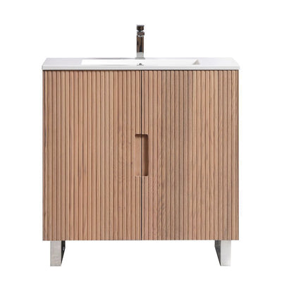 Fluted bathroom vanity with wooden finish and white countertop on a white background