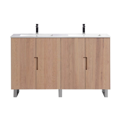 Fluted bathroom vanity with wooden finish and white countertop on a white background