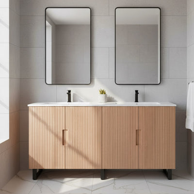 Bathroom vanity with wooden cabinets, white countertop, and two mirrors on a tiled wall.