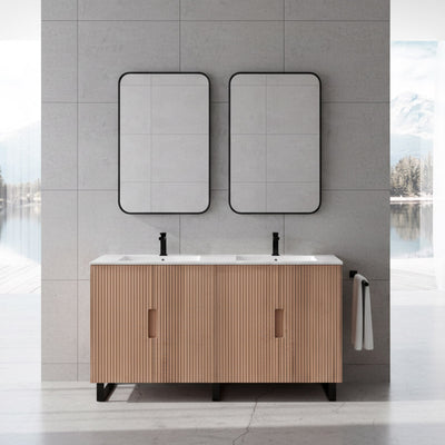 Bathroom vanity with wooden cabinet, white countertop, and two mirrors in a modern bathroom setting.