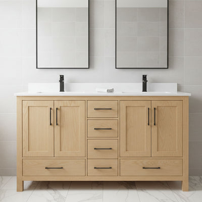 Bathroom vanity with wooden cabinets, white countertop, and black fixtures against a tiled wall.