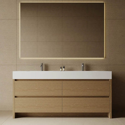 72" Zena free standing double sink bathroom vanity in light oak