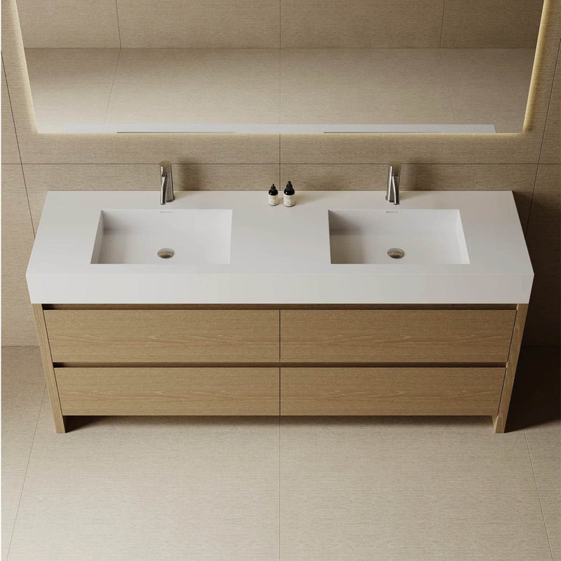 72" Zena free standing double sink bathroom vanity in light oak picture of countertop