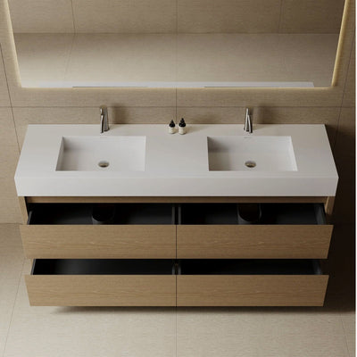 72" Zena free standing double sink bathroom vanity in light oak, drawers open