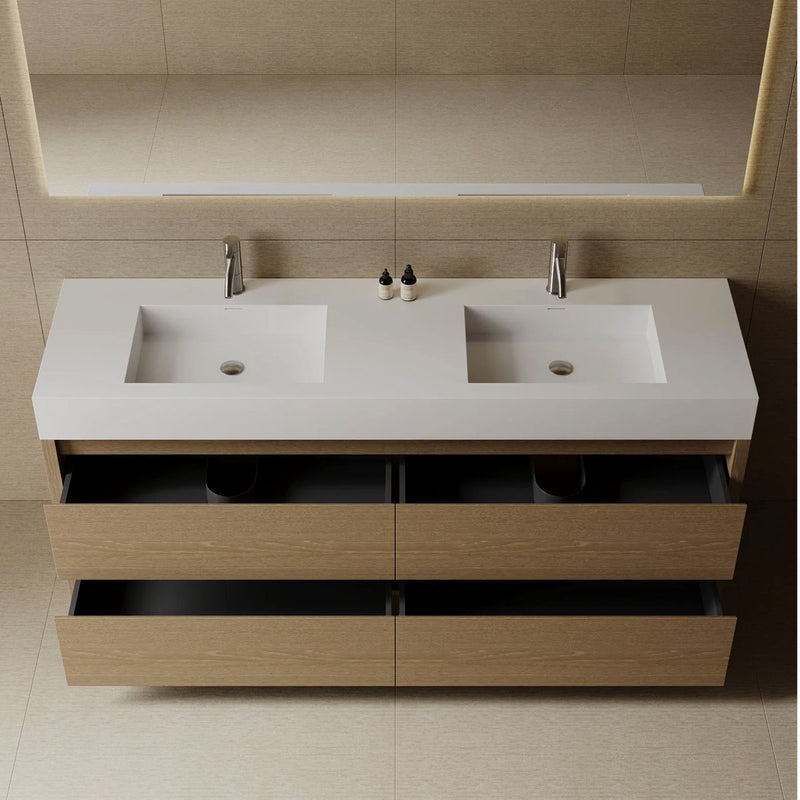 72" Zena free standing double sink bathroom vanity in light oak, drawers open