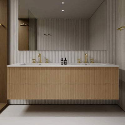 59" Wall mounted fluted bathroom vanity in light oak finish
