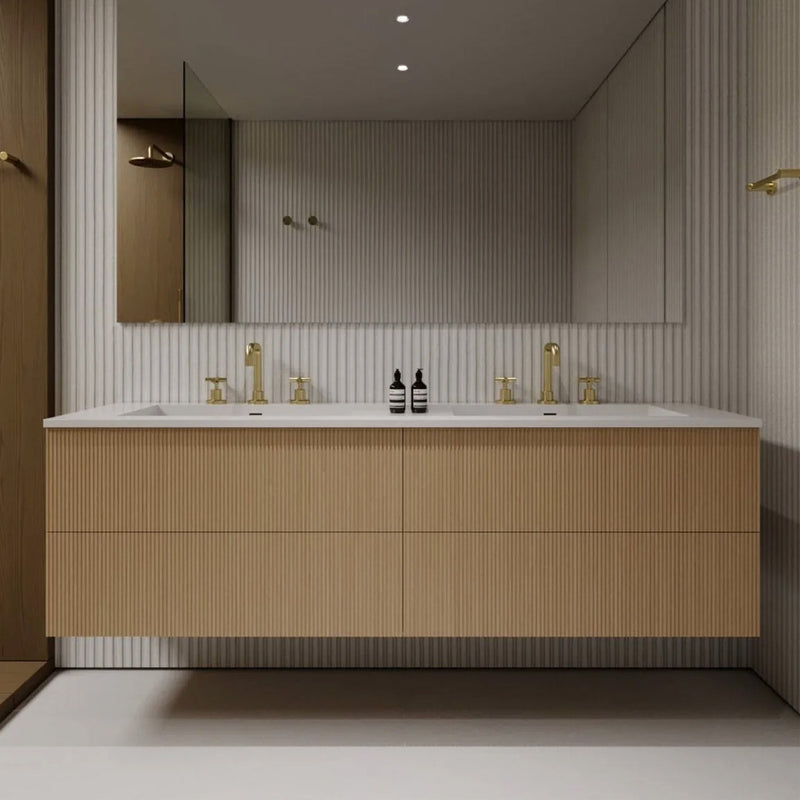59" Wall mounted fluted bathroom vanity in light oak finish