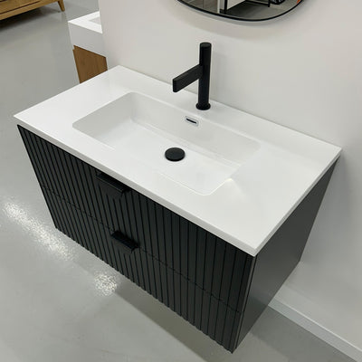 36" Fluted wall mount bathroom vanity - matte black - matte white