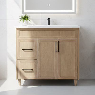 Bathroom vanity with wooden finish, white countertop, and mirror above.