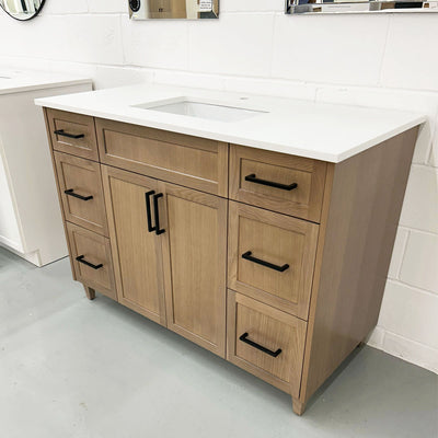 Portland 48" Wooden bathroom vanity with white countertop and black handles