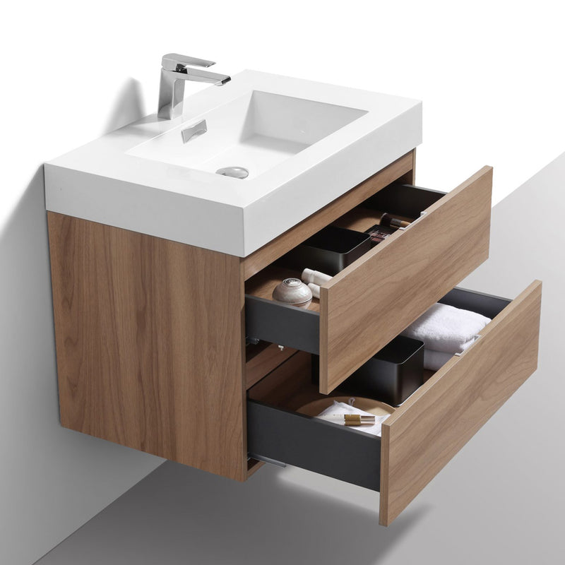 drake 30" Wall mounted bathroom vanity in light walnut