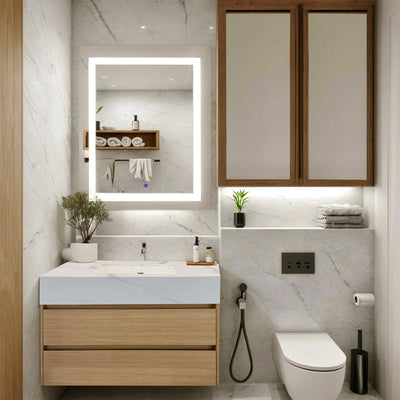 Modern bathroom with light oak wooden vanity