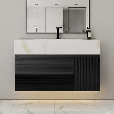 Wall mount bathroom vanity with black and white sintered stone top