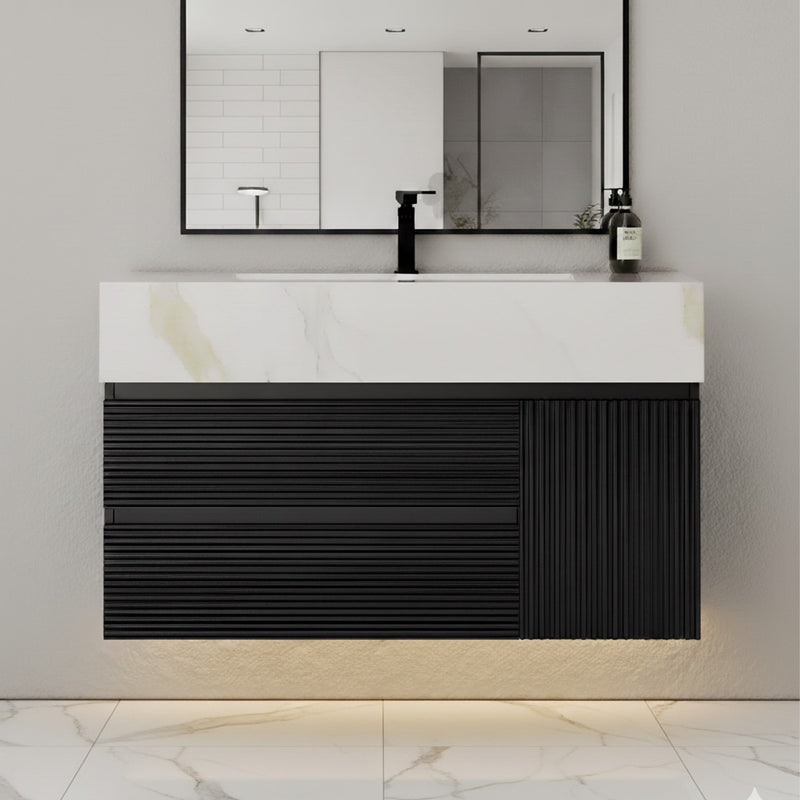 Wall mount bathroom vanity with black and white sintered stone top