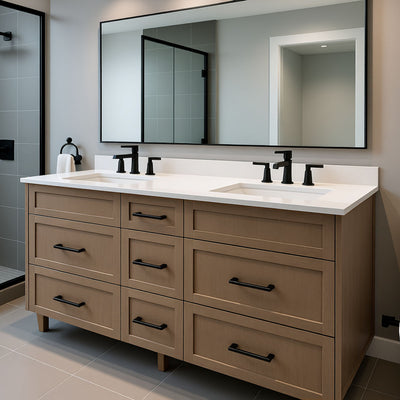 Bathroom vanity with double sink and large mirror in a modern bathroom setting.