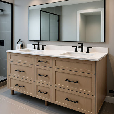 Bathroom vanity with double sink and large mirror in a modern bathroom setting.