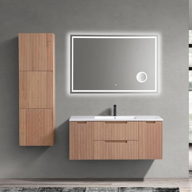Alto bathroom Linen Side Cabinet in American Oak, shown with wall mounted Bathroom Vanity