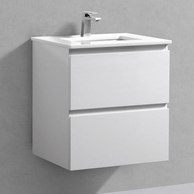 24" Liam, Gloss White Wall Mount Vanity with White Quartz Top