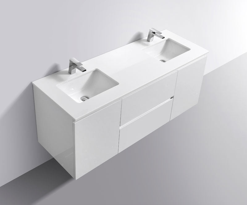 60" Liam, Gloss White Double Sink Vanity With White Quartz Top