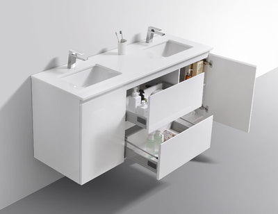 60" Liam, Gloss White Double Sink Vanity With White Quartz Top