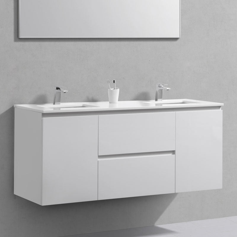 60" Liam, Gloss White Double Sink Vanity With White Quartz Top