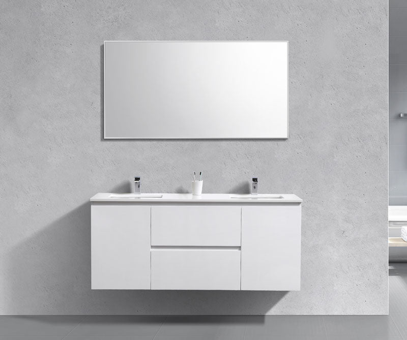 60" Liam, Gloss White Double Sink Vanity With White Quartz Top